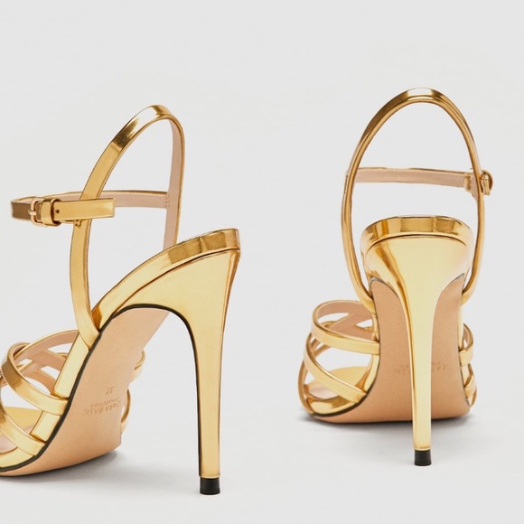 NWT • Zara • Laminated Gold Strappy Sandals - Picture 6 of 8